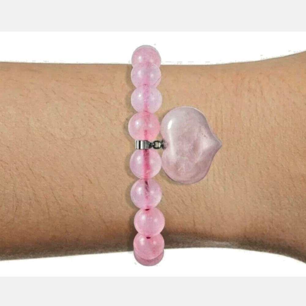 Rose Quartz Heart Charm Bracelet Stretch